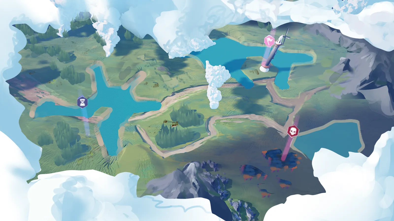 Stylised world map of green islands and turquoise lakes under banked cloud, with three coloured location markers standing on it.