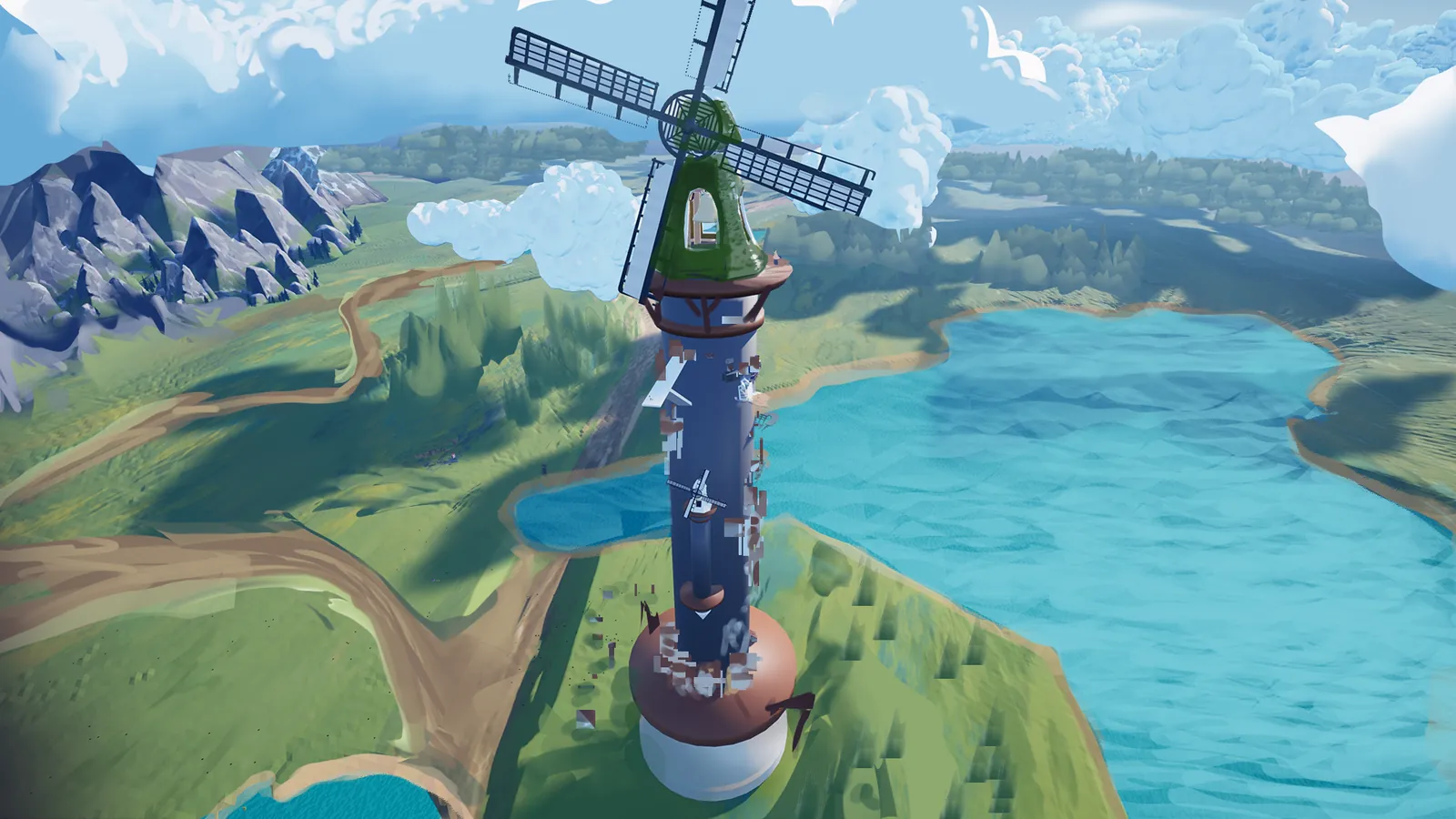 A closer three-quarter view of the Belfry tower, its sails and green cupola against the coastline behind.